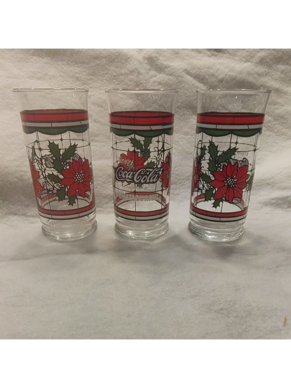 Vintage Coca Cola Christmas Holiday Poinsettia Glasses Set of 3